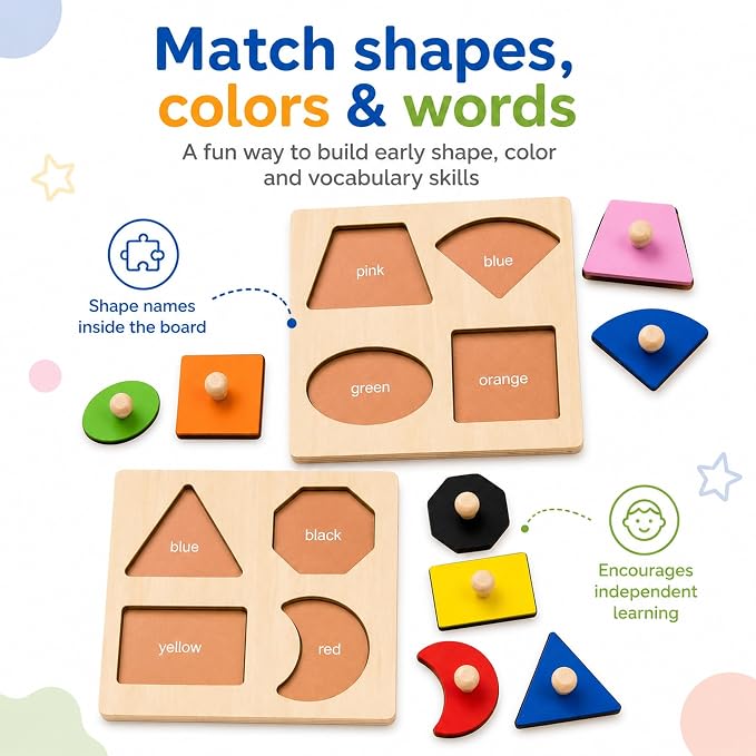 Wooden Shape Color Sorting Puzzle Toys for Toddlers, 4 Pack Montessori Peg Puzzles for Ages 2-4, Preschool Learning Toys for Shape Recognition, Fine Motor Skills, Gifts for Kids Boys Girls 1 2 3 4