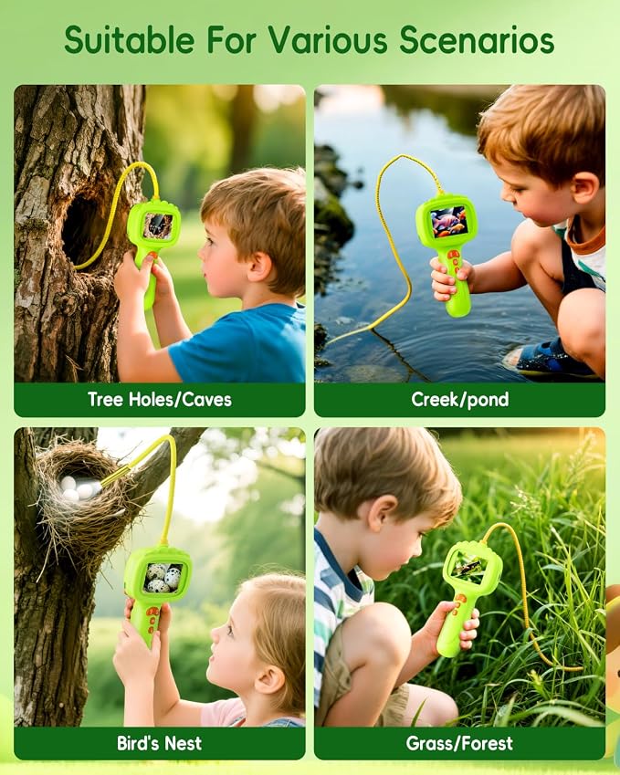 Borescope Camera with Light for Kids, Ashfly STEM Science Educational Toy for 3 4 5 6 7 8 Years Old Boys & Girls, 2.4" Screen Snake Scope Camera for Birthday Outdoor Camping Nature Exploration-Green