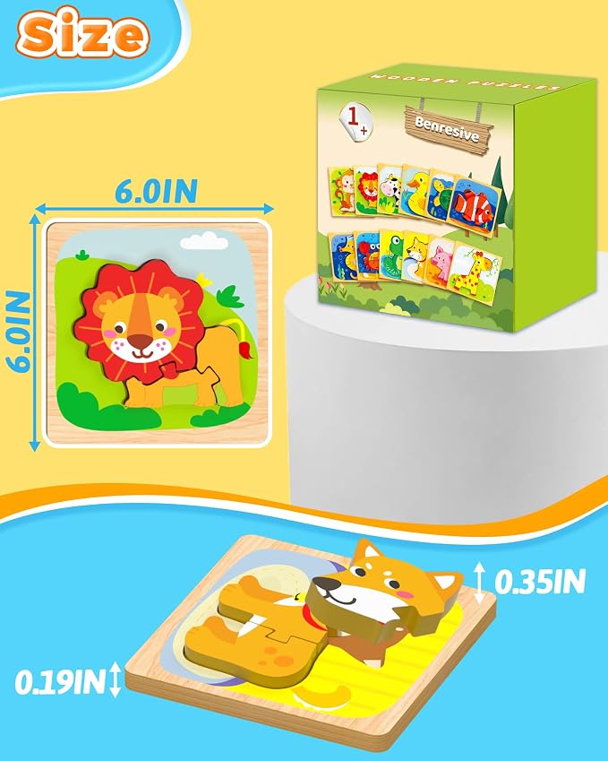 Benresive Wooden Toddler Puzzles, Montessori Toddler Toys for 1 2 Year Old | 12 Pcs Puzzles, 1 2 3 Year Old Girl Boy Great Gifts, Learning Educational Preschool Bolck Toys for 1 2 3 Year Old