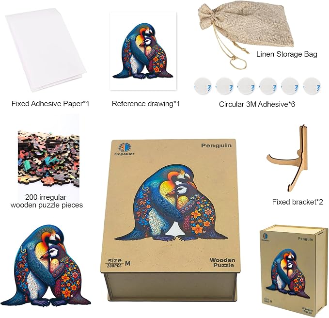 Wooden Puzzles for Adults Penguin Family Puzzle - Laser-Cut Unique Shaped Stress Relief Jigsaw Puzzle, Wall Art Home Decor Gift for Family, Christmas Thanksgiving Gifts (11.2"×10.2" 200pcs)