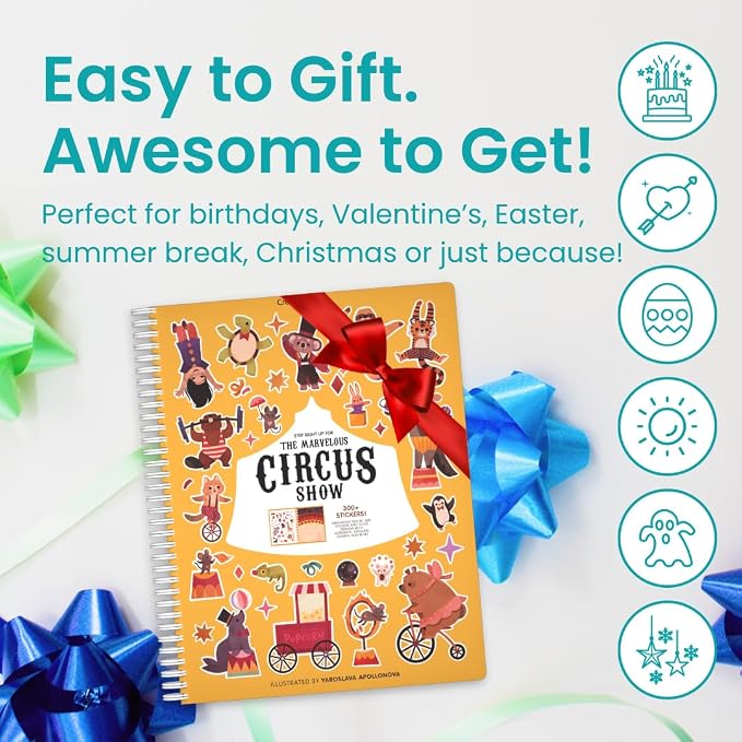 Cupkin Circus Show Coloring & Sticker Activity Book | 300+ Stickers | Spiral-bound kids craft format with 8 scenes, 8 art pages, side-by-side viewing, and an easy-peel design for ages 2–8