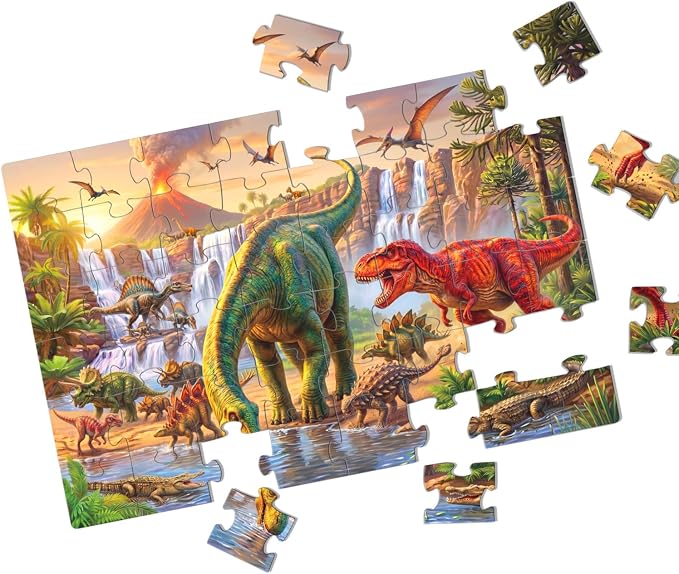 Jumbo Floor Puzzles for Kids Ages 3-5 48 Piece Dinosaur Educational Toy | A large dinosaur animal puzzle featuring Triceratops and T-Rex for interactive preschool learning and indoor family play time