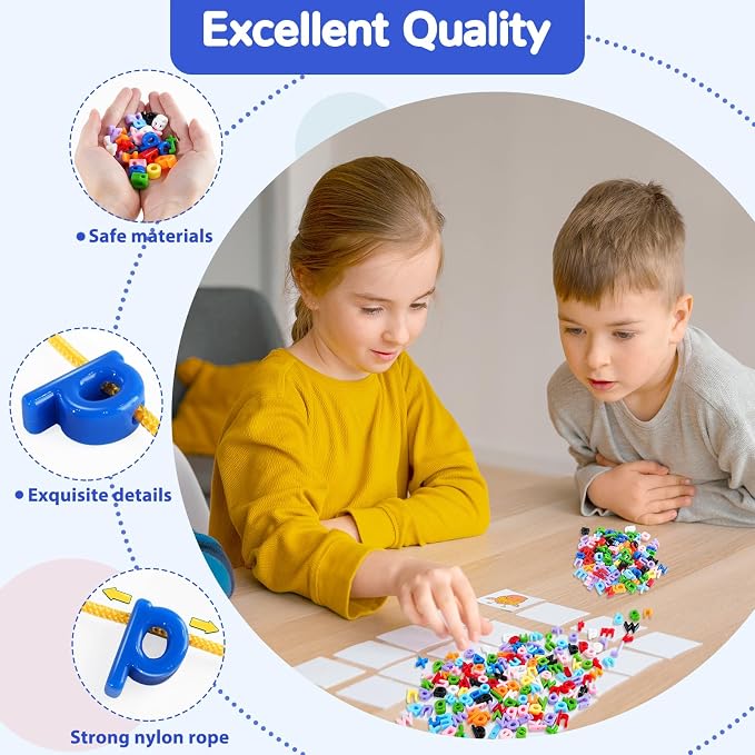 278 Pcs Lacing Letters Beads, 10 Color Alphabet Letter Beads Learning Toys with 18 Laces, Lowercase ABC Bead Letters Toys for Kids Ages 3+, Home Manipulatives for Preschoolers, Back to School Supplies