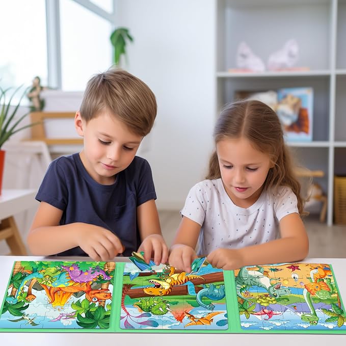 Magnetic Puzzles for Toddlers 3-5 Dinosaur Puzzle Travel Toys for Kids | Jigsaw Puzzles for Kids 75-Pieces Travel Toys Dinosaur Puzzles Ages 4-6 Road Car Trip & Airplane