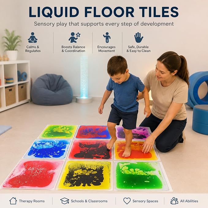 edusense Liquid Sensory Floor Tiles Non-Slip Autism Home&Classroom Play 3+ | Non-Slip Cushioned Motion Tiles for Autism Sensory Play, Classroom Bulk, Motor Skills, Visual Tracking, Ages 3+
