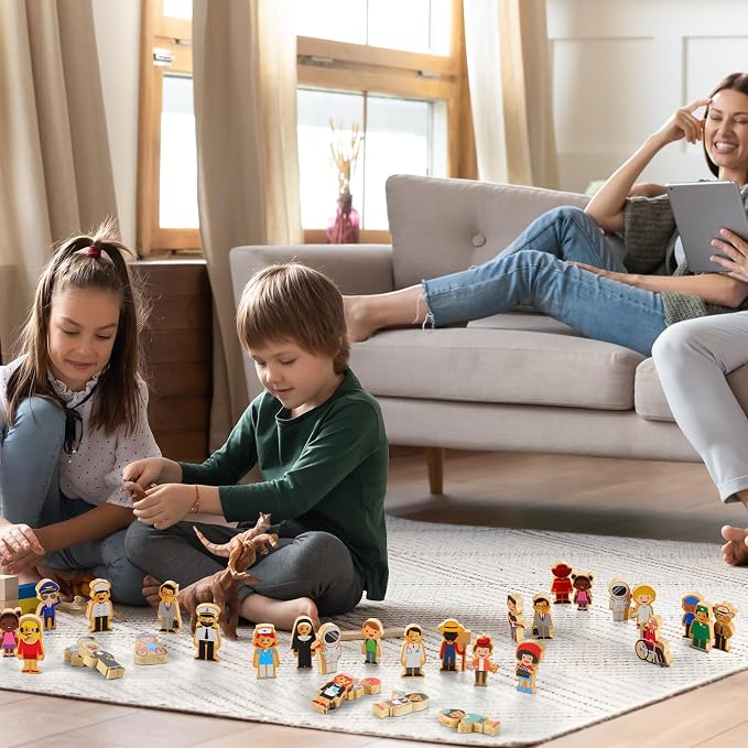 Kathfly 36 Pcs Wooden Community Helpers People, Career Figures Toy | Multicultural Career Blocks for Social Emotional Learning, Creative Play Figures, Preschool Classroom Teaching Wooden Set