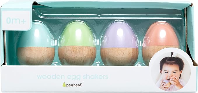Pearhead Wooden Egg Shaker Baby Toy Set, 4-Piece Musical Rattles | FSC-Certified Wood, Pastel Maracas, Sensory Rhythm Play, Fine Motor Skills, 0+ Months