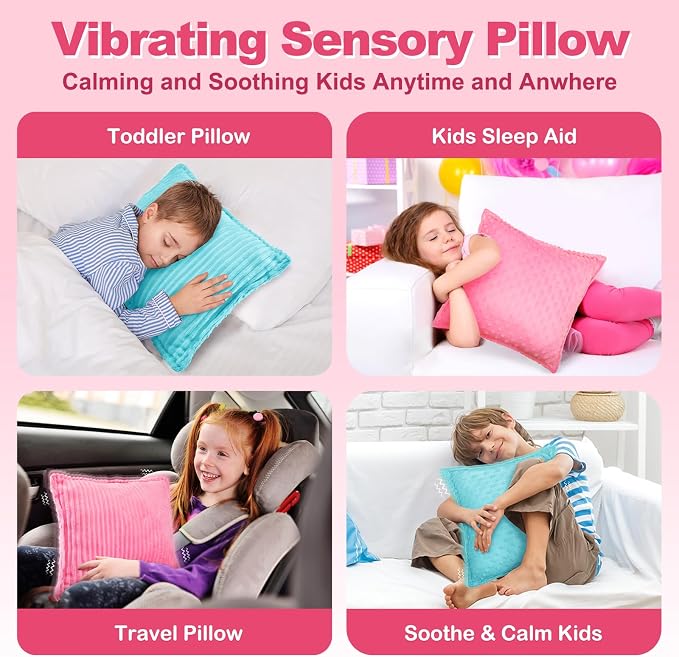 Subao 12" Vibrating Sensory Toddler Pillow with Two Textures, Sensory Toys for Kids with Autism, Birthday Xmas Gifts for Ages 4-10, Pink