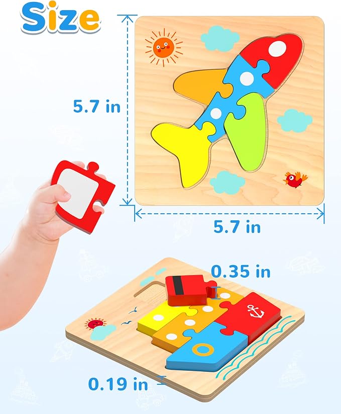 Wooden Toddler Puzzles Gifts Montessori Toys for 1 2 3 Years Old Boys Girls | 4 Vehicle Shape Puzzles, Boy Birthday Gift, Montessori Toys Educational Blocks for Toddlers 1-3, 2-4, Baby Learning Toys