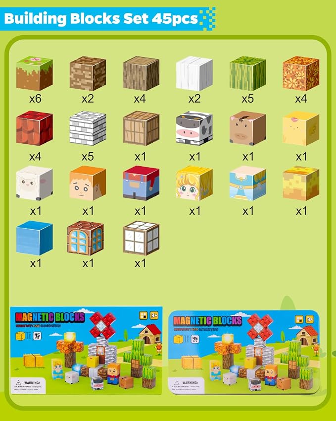 Magnetic Blocks 45 pcs Travel Toys with Light-Up Cube, Forest | Travel Essentials for Airplane, Road Trip & Camping, Gift for 3-8 Year Old Boys & Girl, STEM Learning Toy for Toddlers & Kids