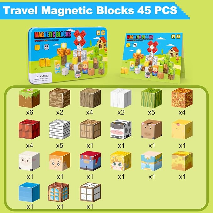Magnetic Blocks 45 PCS Mini Travel Building Blocks with Iron Case Farm | Travel Toy for Airplane Plane Car Road Trip, STEM Learning Portable Building Toys Boys & Girl, Gift for Toddler Kids Ages 3-5