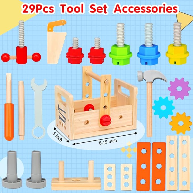 Mgtfbg Kids Tool Set - 29Pcs Wooden Toddler Tool Set with Tool Box | Montessori STEM Educational Construction Preschool Learning Activities Toy for 2 3 4 5 6 Year Old Boys Girls Birthday Gift