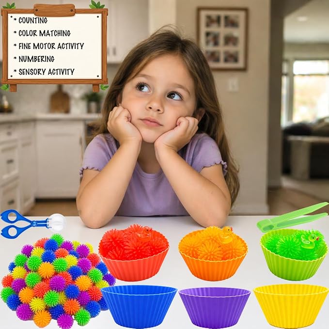 128PCS Sensory Bin Filler Kit with Tools, Fine Motor Skills Training Set for Counting Sorting Matching, Includes 72 Hedgehog Balls, 36 Mini Resin Duck,5 Tweezers, 3 Scissor Clips, 12 Sorting Cups