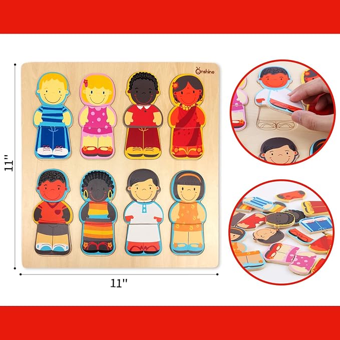 Wooden Puzzle for Toddlers 1-3, Children of The World Racial Cognition Toy | Dress-up Peg Puzzle Educational Toys, 24 Pieces Mix and Match Boys and Girls, Multicultural Diversity Toys for Kids