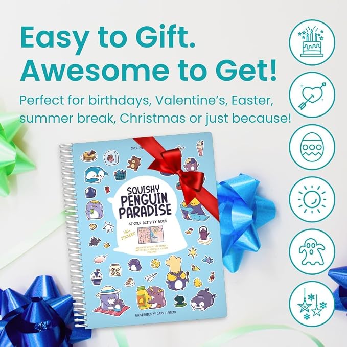 Cupkin Penguin Coloring & Sticker Activity Book | 300+ Stickers | Spiral-bound kids craft format with 8 scenes, 8 art pages, side-by-side viewing, and an easy-peel design for ages 2–8