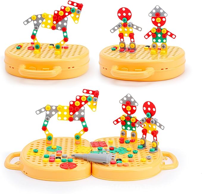 Magic Montessori Play Toolbox with Drill, 203Pcs Magic Montessori Play Toolbox Dog-Themed, 2D/3D Creativity Tool Box Montessori Toys Gift for Age 3-12 Years Old Boys Kids, Girls