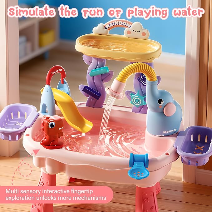 Sand and Water Table for Kids with Electric Pump, 4-in-1, Pink | 4-in-1 sand and water table with electric pump, play kitchen sink and fishing accessories for indoor or outdoor sensory play.