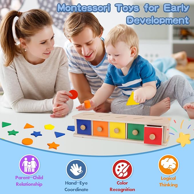 Peacurh Montessori Toys Wooden Color & Shape Sorter Toys for Toddlers, Matching Box Sorting Blocks Manipulatives Preschool Learning Educational Toy for 3 4 Year Old Boy Girl Kid Gifts