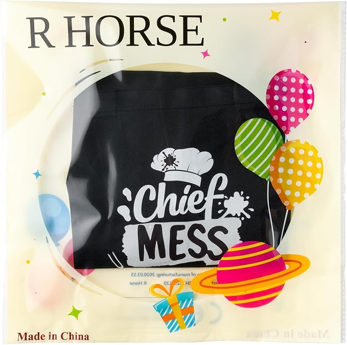 R HORSE 2 Pieces Kid Apron and Chef Hat Set, Dress up Pretend Play Toy | Black Chief Mess Maker Adjustable Children Kitchen Apron Set, Ideal for Cooking, Baking, Painting, Cooking Birthday Gift