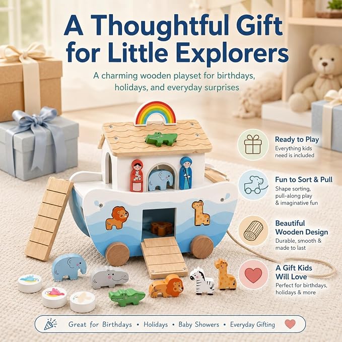Wooden Noah’s Ark Toy for Toddlers 1-3, Montessori Animal Shape Sorter with 8 Pairs of Animals, Noah Figures, Rainbow, Ladder and Lacing Rope, Baptism Gift for Boys