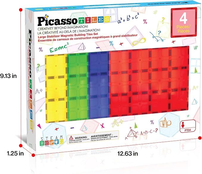 PicassoTiles 4 Piece Magnetic Tile Base Plate, Jumbo Stabilizer Foundation | 12x9 inch pieces, STEM building toy, ages 3+, geometry play set, add-on design, extra large format, scalable creative builds