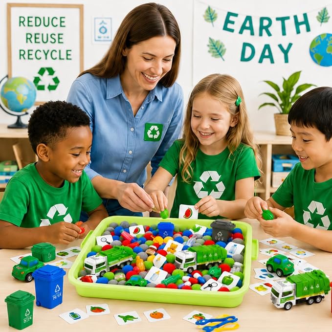 Cinrobiye 163 Pcs Recycling Sorting Activity Set, Earth Day Learning Game with Sorting Bins, Classification Cards and Fine Motor Activities for Preschool Classroom, STEM Educational Learning Supplies