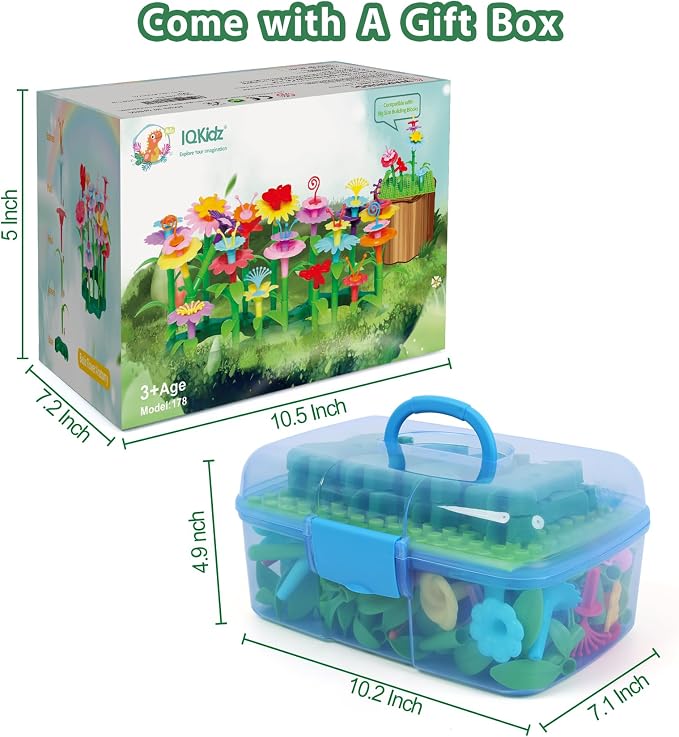 IQKidz Toddler Toys for Girls 2-4 Years Old, Flower Garden Building with Insect Features, Storage Box for Kids Age 3 5 6 7 8, Stacking Educational Preschool Learning STEM Activities 157 pcs