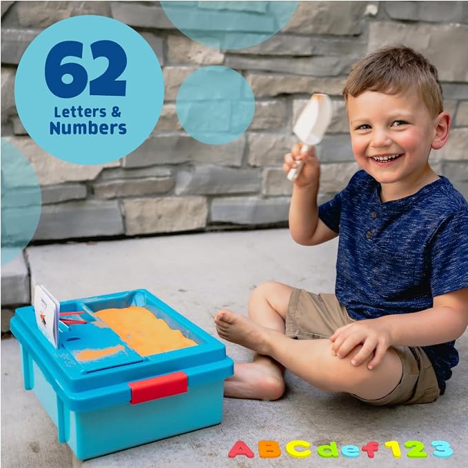 Chuckle & Roar 2-in-1 Seek & Write Sensory Bin – Montessori Tactile Learning Activity Set with Sand Writing Lid, 50 Activities, Tools & Storage Bin for Kids Ages 3-6+