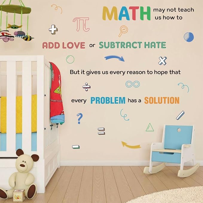 LHIUEM 62pcs Math Wall Stickers Colorful Mathematics Wall Decals Peel and Stick Math Symbols Pattern Kids Stickers Gift Motivational Quotes Wallpapers Problem Solution Sticker for Classroom Nursery