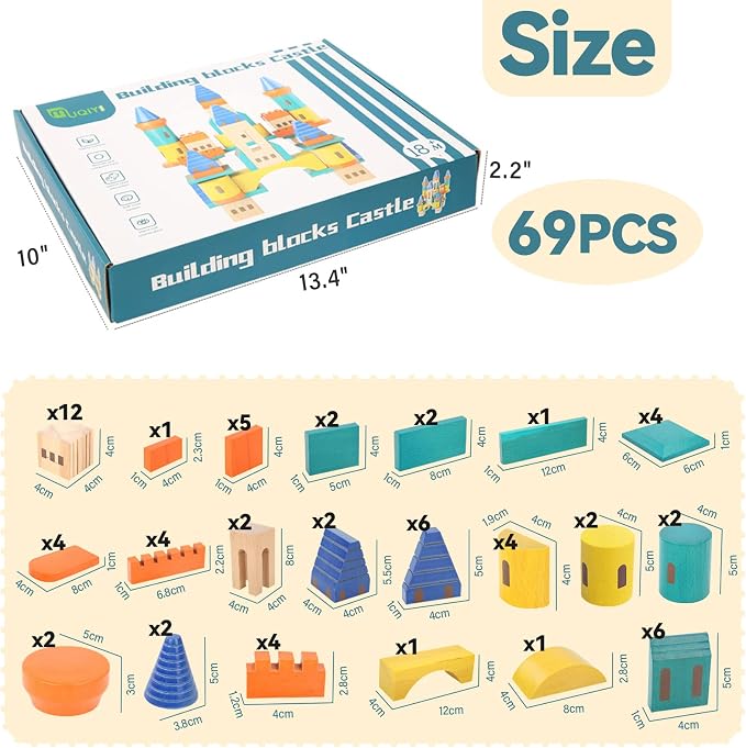 Xylolin Wooden Castle Building Blocks Set, Big Solid Beech Wood Toddlers Stacking Block Toy, Kids Construction Playset for Boys Girls 69 Pieces Set