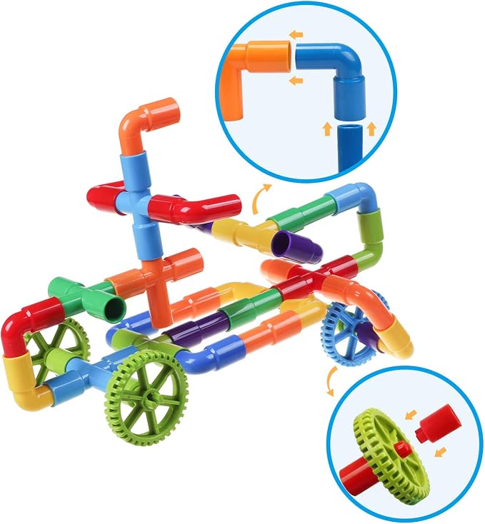 burgkidz 426 Pieces Toy Pipe, Creative STEM Tube Locks Construction with Wheels and Mini Baseplate, Interlocking Educational Sensory Kit, Preschool Learning Toys for Boy and Girls Ages 3+ | 426 pcs: cars, planes, houses & more. 396 tubes, 24 wheels, 6 ...