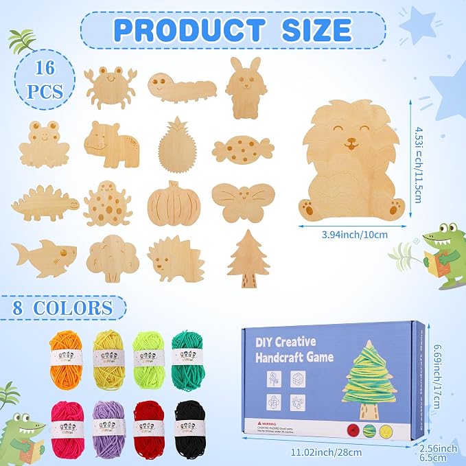 wilbvnit Wooden Yarn Winding Toy for Kids,DIY Animal & Shape Threading Board Set,Develop Fine Motor Skills & Creative Color Patterns,Montessori Sensory Craft Kit,Perfect Educational Gift for Toddlers