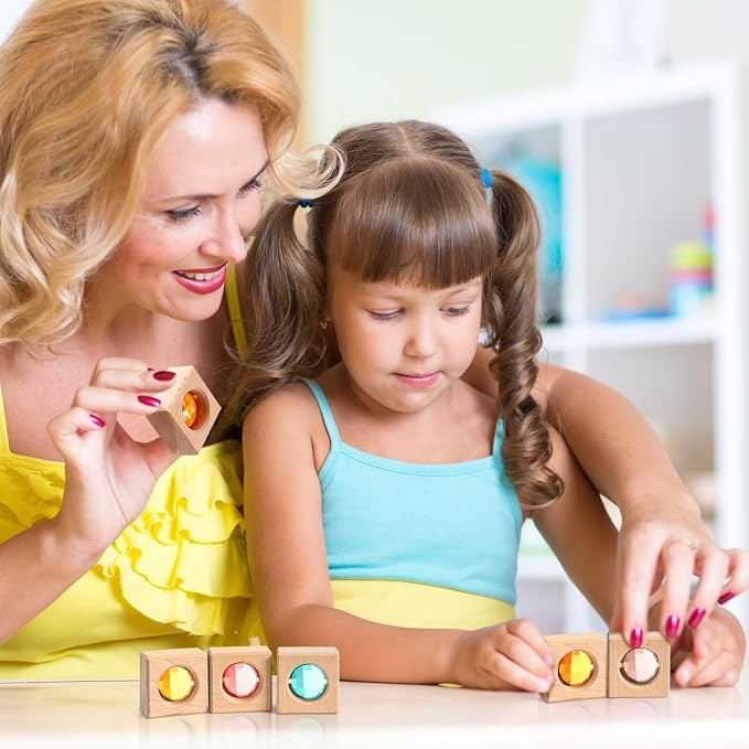 16 Pcs Acrylic Wooden Gem Blocks Sparkling Translucent Cubes Stacking Toys Wooden Cubes Blocks with Colorful Acrylic Open Ended Play Montessori Educational Toys (Round)