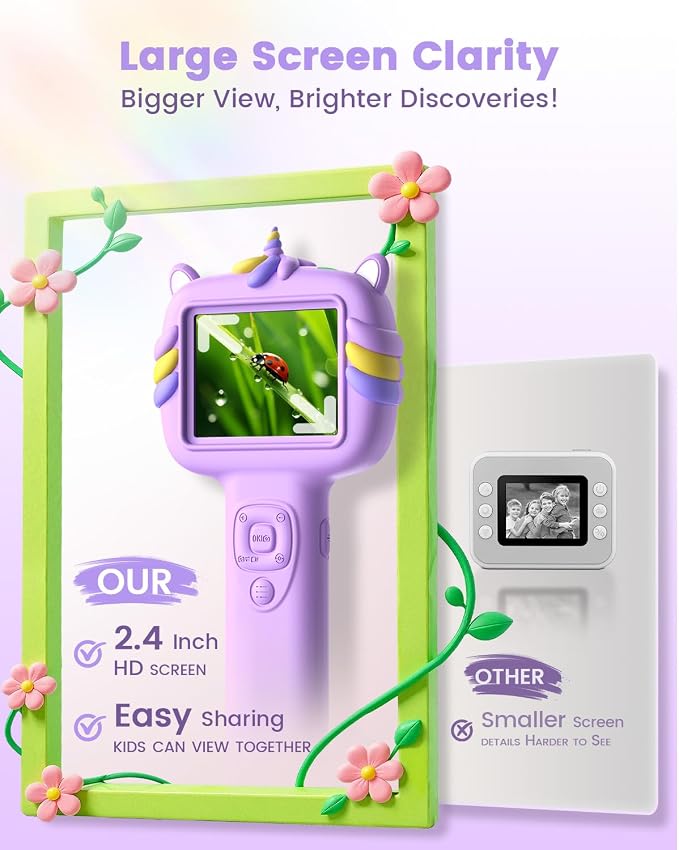 Kids Microscope Outdoor Toys - Handheld Microscopes Autofocus | Portable Microscopes with 2.4" Screen,Educational Science Kit Christmas Birthday Gift for Age 3-8 Girls Boys (Purple)
