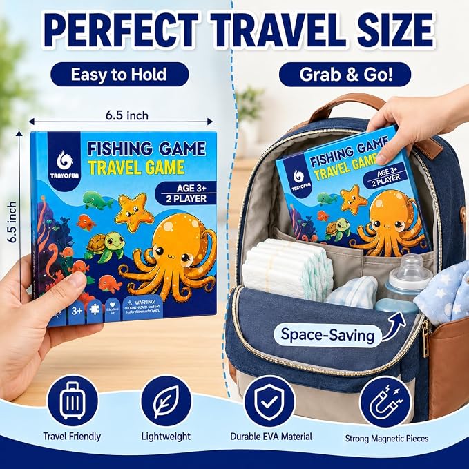 TRAVOFUN Magnetic Fishing Game | Travel Toys for Toddlers 3-5 | Magnetic fishing game with 2 poles and 27 ocean pieces for car rides, airplane activities, long flights, and quiet play.