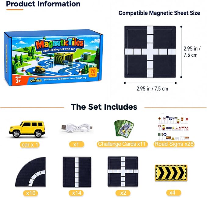 70 Piece Magnetic Road Tiles Expansion Set,Includes Sensor-Guided Car that Follows Road Lines + Traffic Signs,Compatible with Most Major Magnetic Tile,STEM Building Toy for Kids Ages 4–12