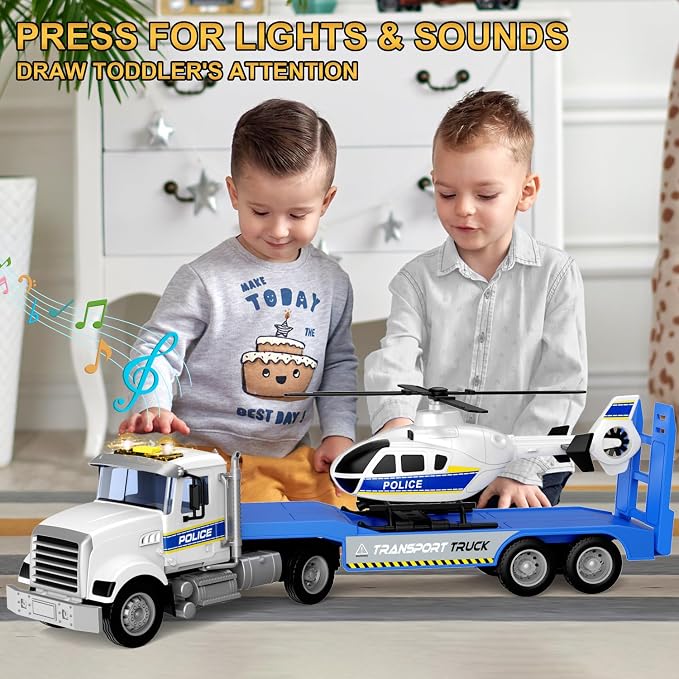 DOWELLIN Toddler Boy Toys for 3 4 5 6 Year Old, 22” Semi Truck Toy with Helicopter - Police Toys, Birthday Gifts for Kids Child 3+ Years Old