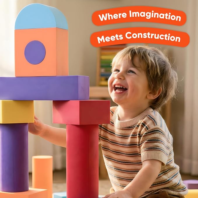 34 Large Foam Blocks for Toddlers - Stacking Soft Blocks for Kids Set | Giant EVA foam building blocks for kids - 34 soft colorful shapes to stack, with storage bag for daycare, preschool, or home