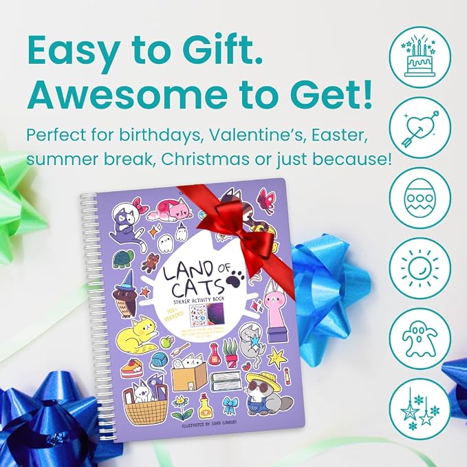 Cupkin Land of Cats Coloring & Sticker Activity Book | 300+ Stickers | Spiral-bound kids craft format with 8 scenes, 8 art pages, side-by-side viewing, and an easy-peel design for ages 2–8