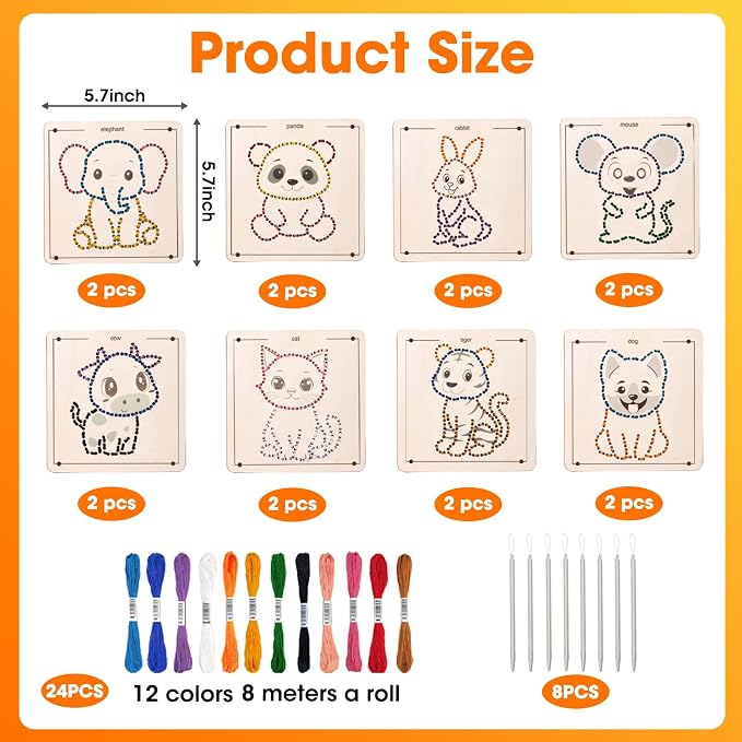 Ukontagood 16 Pack Montessori Wooden Lacing Toys | Sewing Kit Fine Motor Skill Busy Board, Sewing Lacing Weaving Wooden Boards for Toddlers and Kids