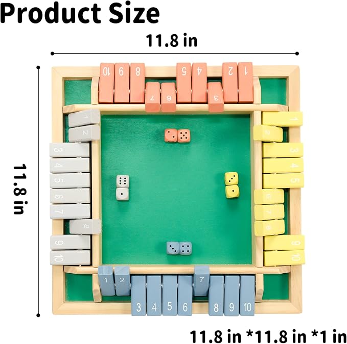 WOOD CITY Shut The Box Game Wooden 4 Player, Classic Board Game for Kids & Adults, Educational Math Learning Toy, Table Dice Game for The Party Family or Bar - 12 Inch with 8 Dice Morandi Color