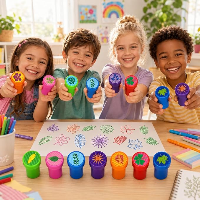 Cinrobiye 24 Pcs Nature Leaf Stampers for Kids, Pre-Inked Leaf Party Favor Set, Forest Theme Birthday Party Supplies, Classroom Rewards, Goody Bag Fillers, Piñata Fillers, Treasure Box Toys
