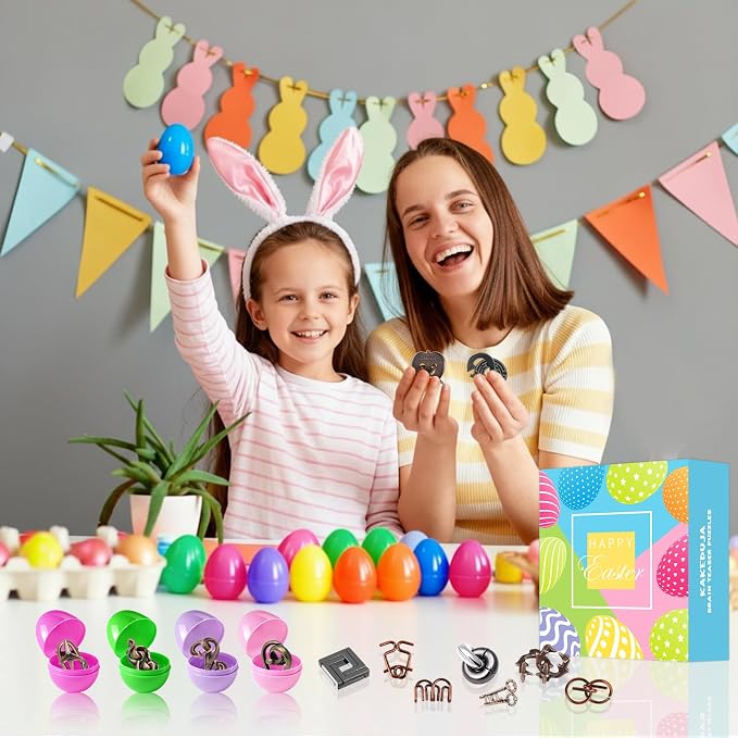 32 Pack Brain Teaser Puzzles & Colorful Easter Eggs - Challenging Metal Wire Puzzles for Kids & Adults - DIY Easter Basket Stuffers, Family Logic Games, Party Favors