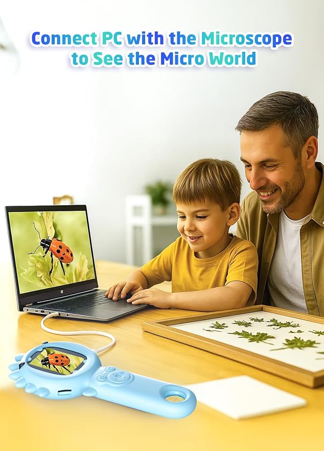 PHNIXGAM Kids Microscope Camera, 500X Handheld 2" IPS Screen, Blue Dinosaur | 2-in-1 design, supports multiple viewing angles, outdoor STEM toy, birthday gift for boys/girls 3-10, rechargeable/portable