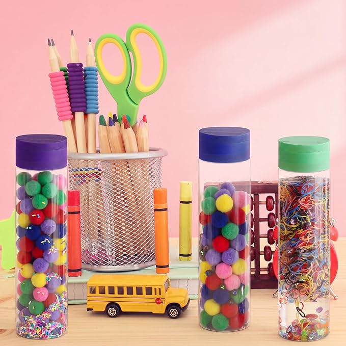 FoldTier 12 Set Letter Sensory Bottles, Plastic Clear Calming Kit | 13.5 oz Bottle, Pom-pom Balls, Alphabet and Number Decor, Clay, Rainbow Tape, Calm Down Jar Filler for Back to School