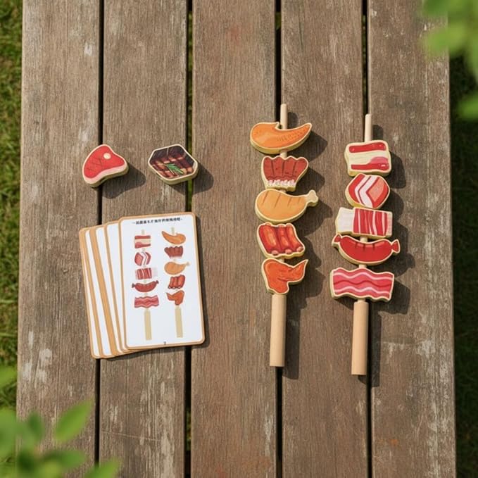 harayaa Children Cognitive Game Fruit Lacing Beads Threading Toy Stacking Blocks Matching Cards Wooden Educational Set for Motor Skill Training and Color, BBQ Meat Skewers