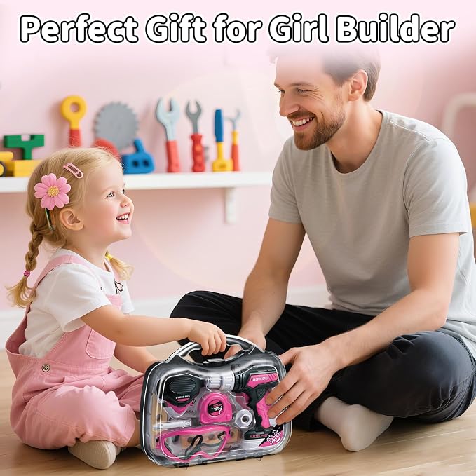 KidBloom Kids Tool Set, Toddler Tool Set with Box, Toys for 3 Year Old Girl | Construction Toys with Electric Toy Drill, Toy Tools with Vest, Pretend Play Tools for Kids, Birthday Gifts for 3 4 5 6 7 8 9