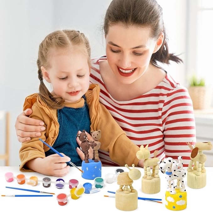 Vileafy Crafts for Kids Ages 4-8 with Paints & 8 Brushes, DIY Wooden Painting Kits for Boys and Girls, Unfinished Wood Animals Figures for Painting Party Favors and Kids Gifts (Pack of 3)