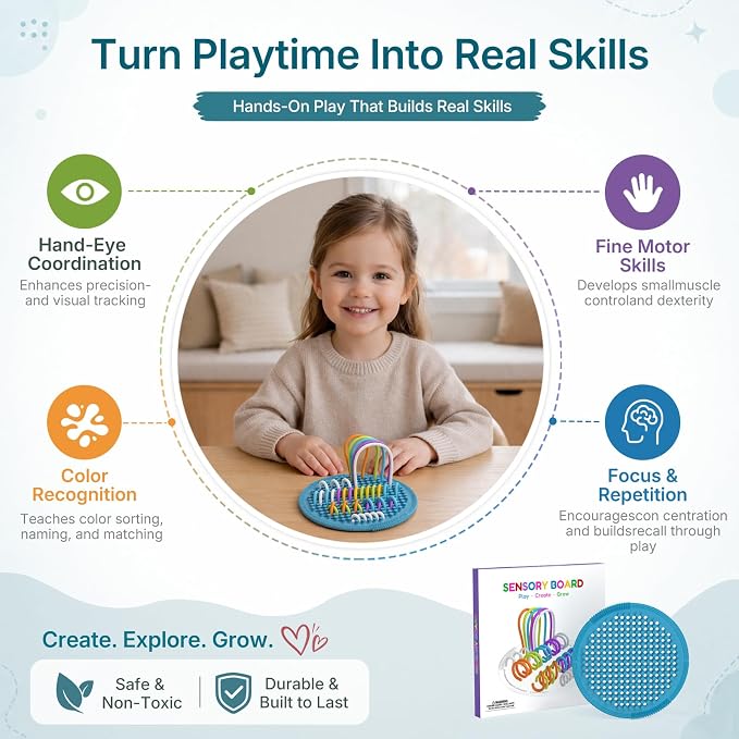 Silicone Sensory Activity Board for Toddlers Fine Motor Skills Fidget Toys | Kids calming noodles threading board eases anxiety ADHD autism portable classroom airplane office gift for adults all ages