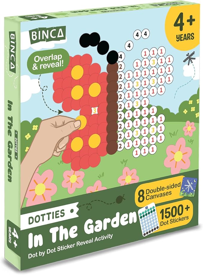 BINCA Dotties Dot Art Activity Kit, 1500+ Stickers, 8 Garden Animals Mess-Free Activities, DIY Dot Sticker Art, Kids Travel Activities, Gifts for Boys & Girls Ages 4,5,6,7